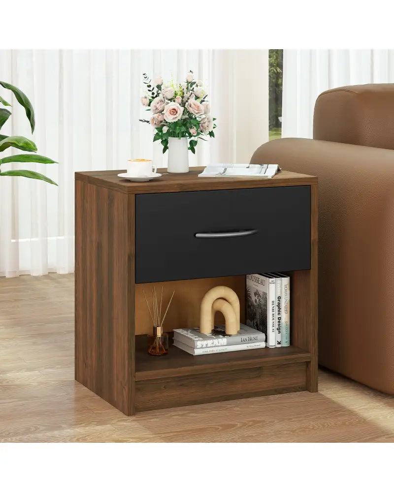 Bedside Table Nightstand with Drawer and Open Storage Shelf-Brown - Brown - Nightstands