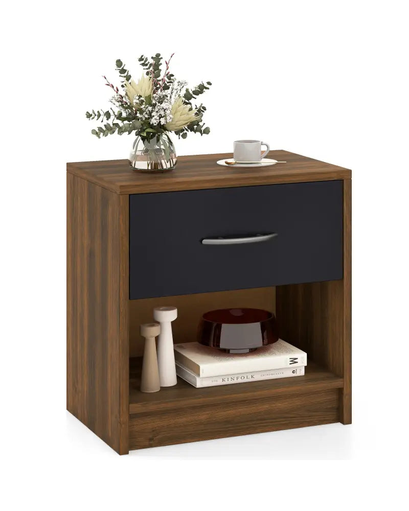 Bedside Table Nightstand with Drawer and Open Storage Shelf-Brown - Brown - Nightstands