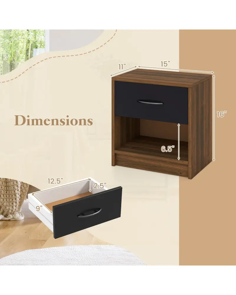 Bedside Table Nightstand with Drawer and Open Storage Shelf-Brown - Brown - Nightstands