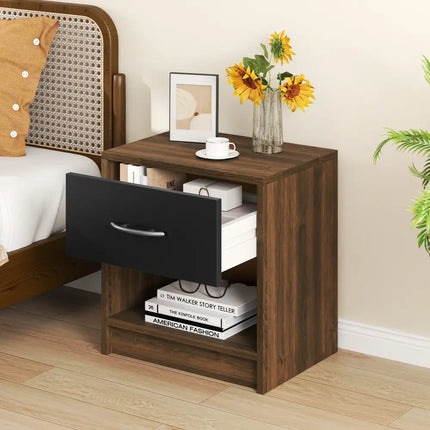 Bedside Table Nightstand with Drawer and Open Storage Shelf-Brown - Brown - Nightstands