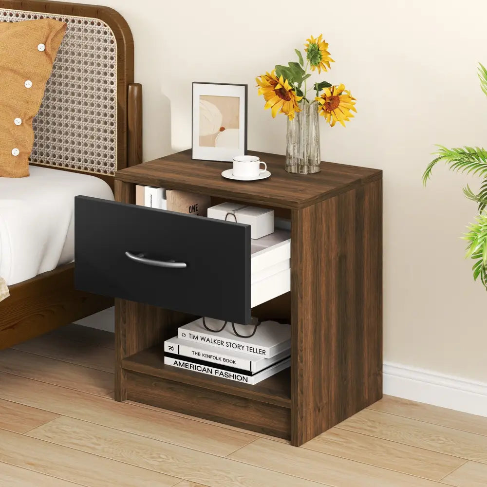 Bedside Table Nightstand with Drawer and Open Storage Shelf-Brown - Brown - Nightstands
