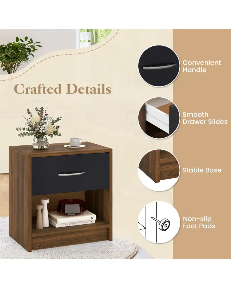 Bedside Table Nightstand with Drawer and Open Storage Shelf-Brown - Brown - Nightstands
