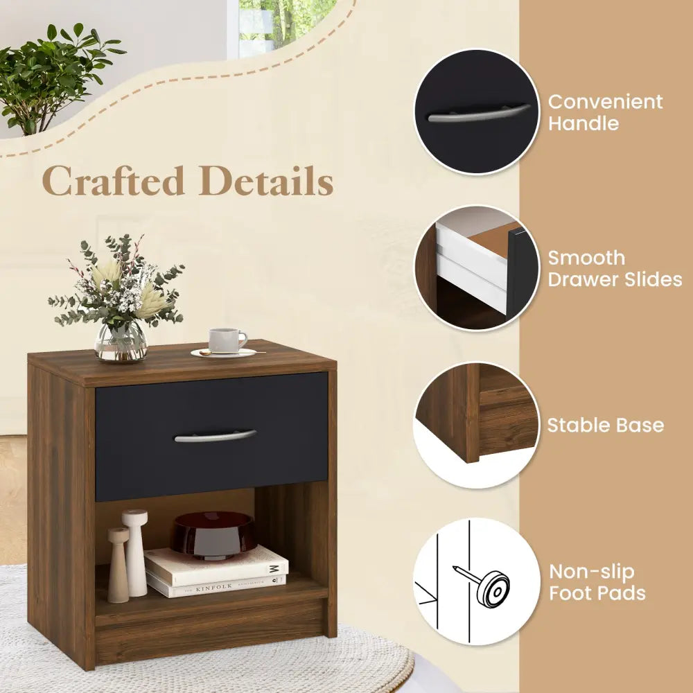 Bedside Table Nightstand with Drawer and Open Storage Shelf-Brown - Brown - Nightstands