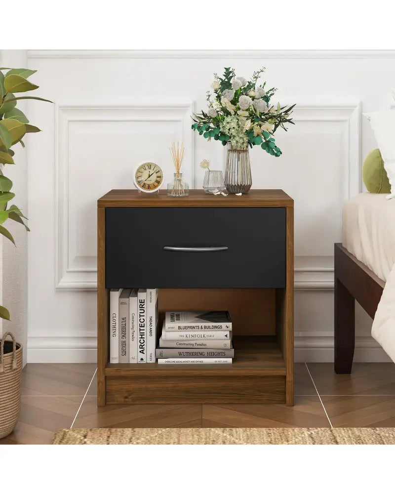 Bedside Table Nightstand with Drawer and Open Storage Shelf-Brown - Brown - Nightstands