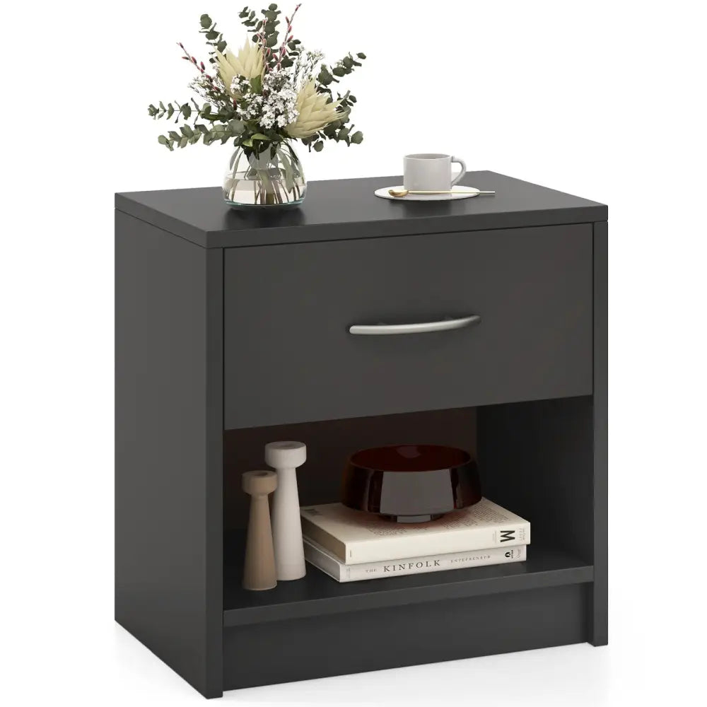 Bedside Table Nightstand with Drawer and Open Storage Shelf-Gray - Gray - Nightstands