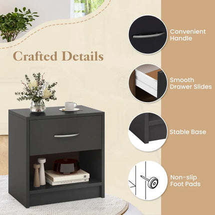 Bedside Table Nightstand with Drawer and Open Storage Shelf-Gray - Gray - Nightstands