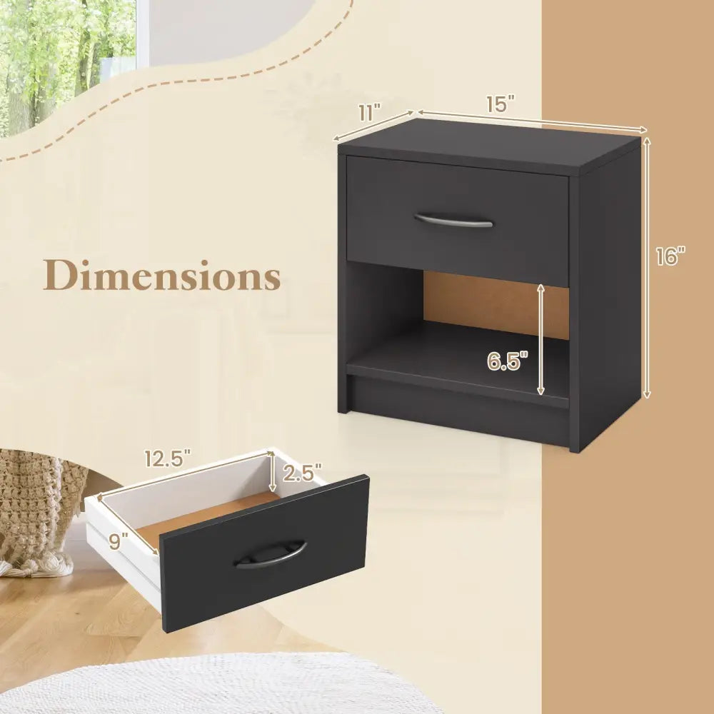 Bedside Table Nightstand with Drawer and Open Storage Shelf-Gray - Gray - Nightstands