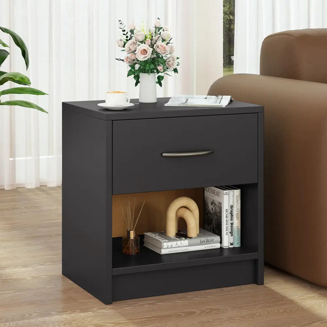 Bedside Table Nightstand with Drawer and Open Storage Shelf-Gray - Gray - Nightstands