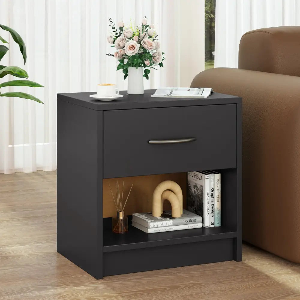 Bedside Table Nightstand with Drawer and Open Storage Shelf-Gray - Gray - Nightstands