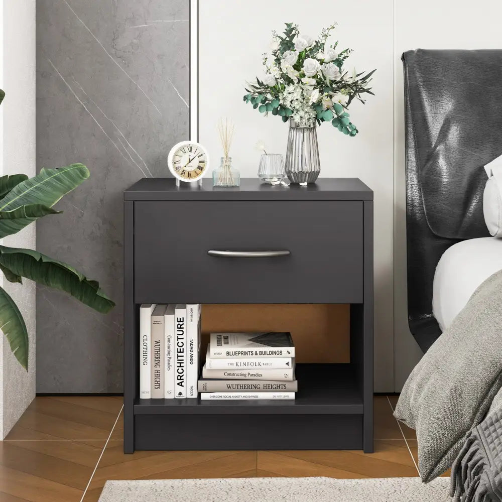 Bedside Table Nightstand with Drawer and Open Storage Shelf-Gray - Gray - Nightstands