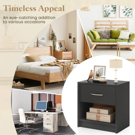 Bedside Table Nightstand with Drawer and Open Storage Shelf-Gray - Gray - Nightstands