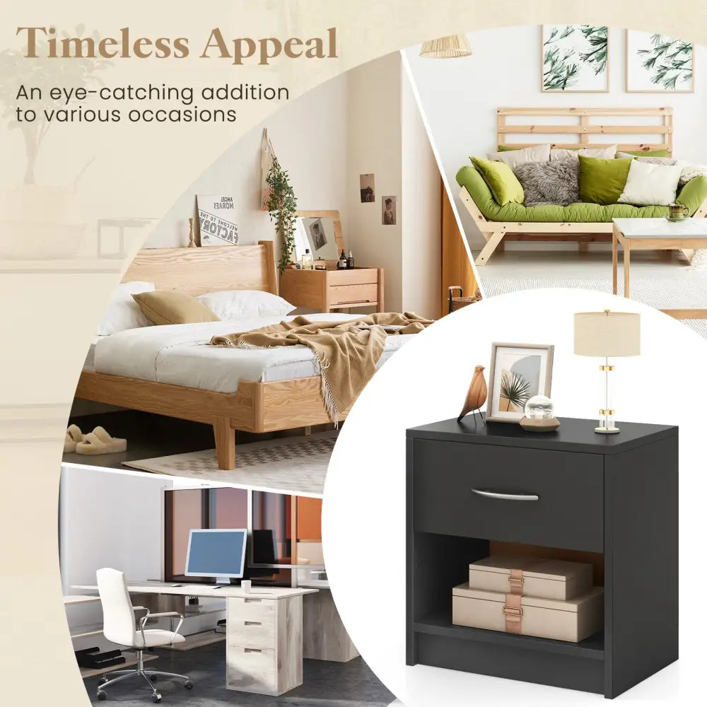 Bedside Table Nightstand with Drawer and Open Storage Shelf-Gray - Gray - Nightstands
