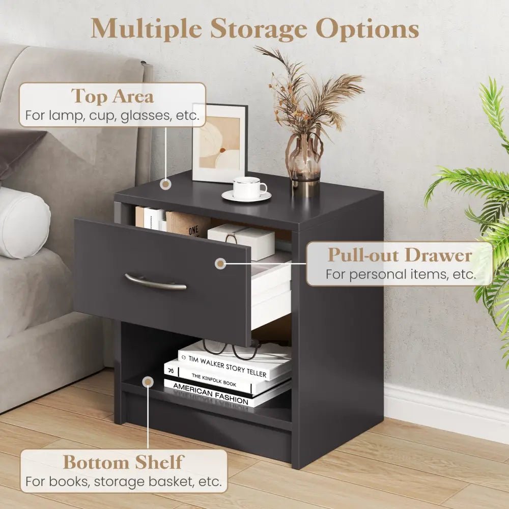 Bedside Table Nightstand with Drawer and Open Storage Shelf-Gray - Gray - Nightstands