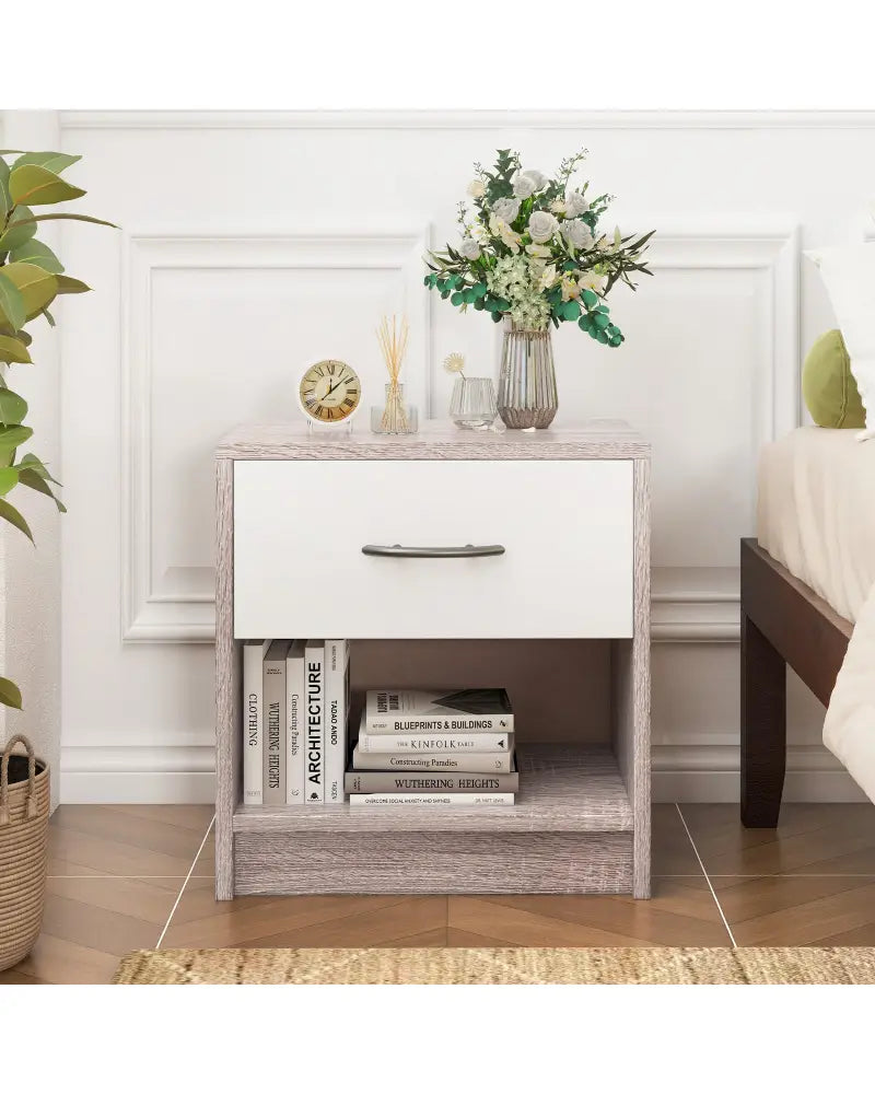 Bedside Table Nightstand with Drawer and Open Storage Shelf-Light Gray - Light Gray - Nightstands