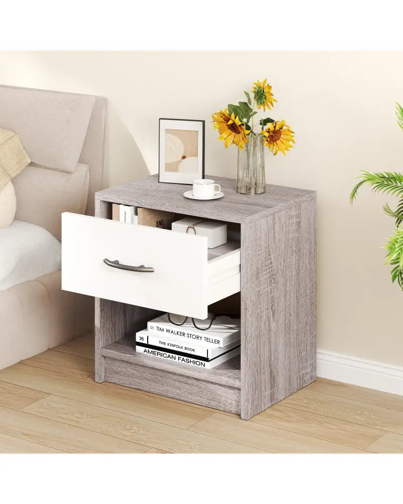 Bedside Table Nightstand with Drawer and Open Storage Shelf-Light Gray - Light Gray - Nightstands