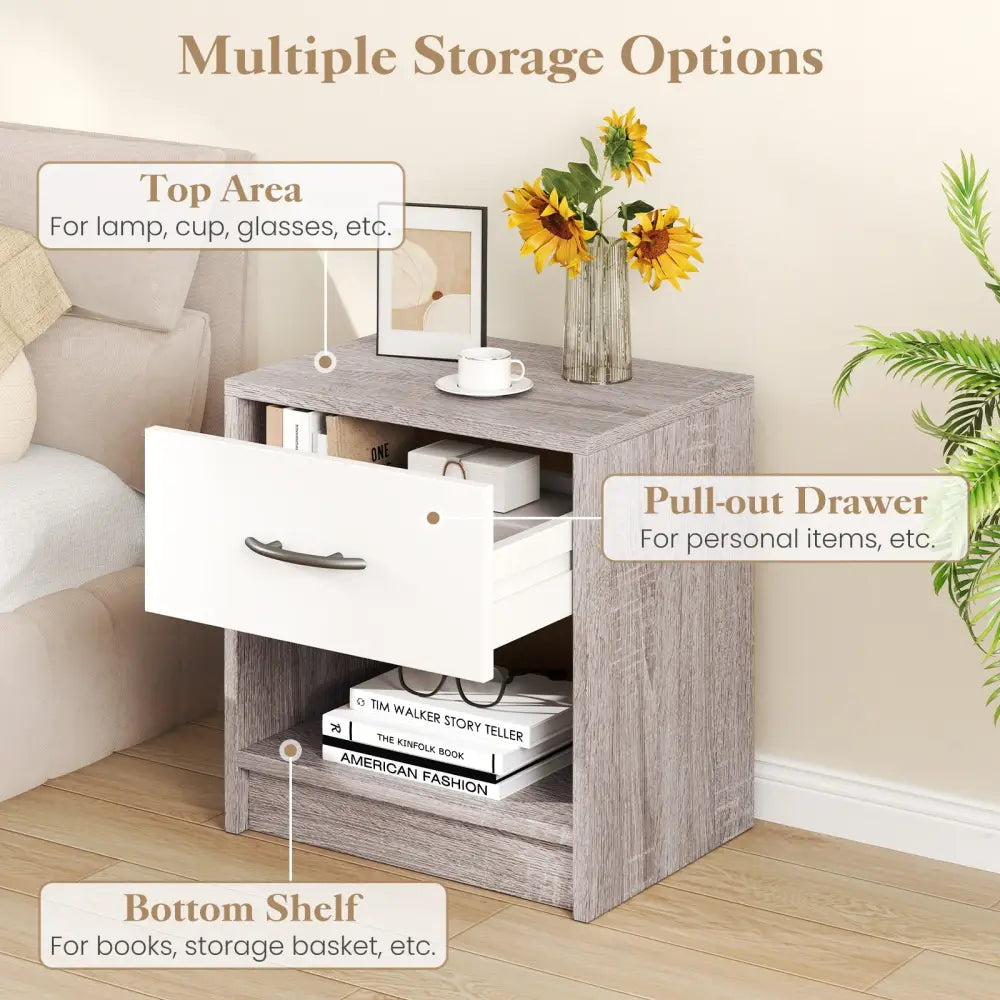 Bedside Table Nightstand with Drawer and Open Storage Shelf-Light Gray - Light Gray - Nightstands