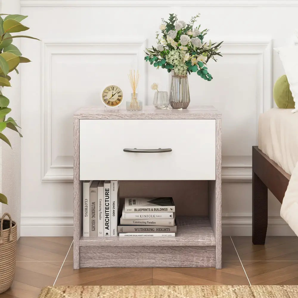 Bedside Table Nightstand with Drawer and Open Storage Shelf-Light Gray - Light Gray - Nightstands