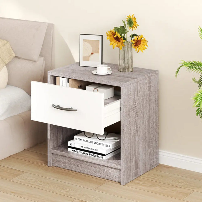 Bedside Table Nightstand with Drawer and Open Storage Shelf-Light Gray - Light Gray - Nightstands