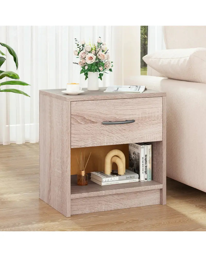 Bedside Table Nightstand with Drawer and Open Storage Shelf-Natural - Natural - Nightstands