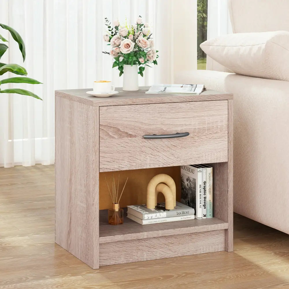 Bedside Table Nightstand with Drawer and Open Storage Shelf-Natural - Natural - Nightstands