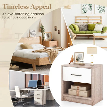 Bedside Table Nightstand with Drawer and Open Storage Shelf-Natural & White - Nightstands