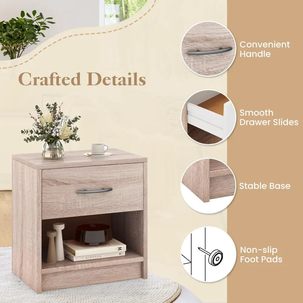 Bedside Table Nightstand with Drawer and Open Storage Shelf-Natural - Natural - Nightstands