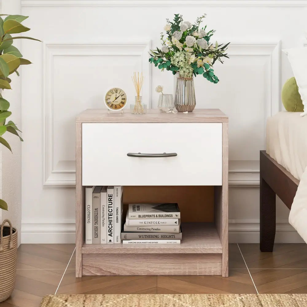Bedside Table Nightstand with Drawer and Open Storage Shelf-Natural & White - Nightstands