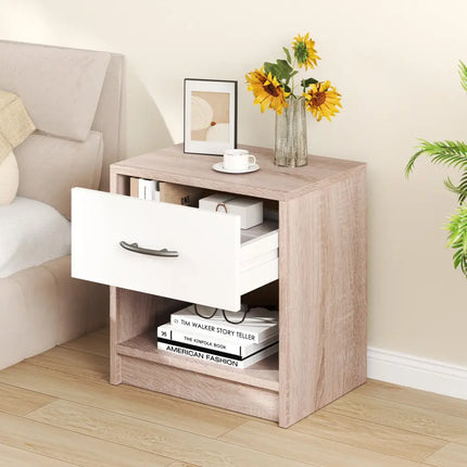 Bedside Table Nightstand with Drawer and Open Storage Shelf-Natural & White - Nightstands