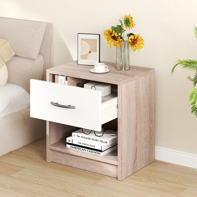 Bedside Table Nightstand with Drawer and Open Storage Shelf-Natural & White - Nightstands