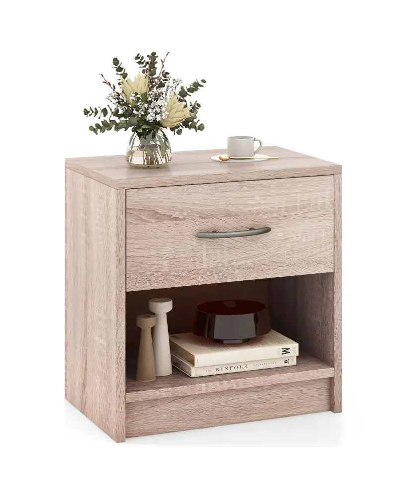 Bedside Table Nightstand with Drawer and Open Storage Shelf-Natural - Natural - Nightstands