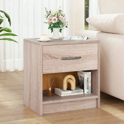 Bedside Table Nightstand with Drawer and Open Storage Shelf-Natural - Natural - Nightstands