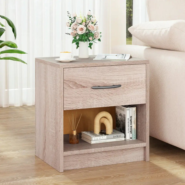Bedside Table Nightstand with Drawer and Open Storage Shelf-Natural - Natural - Nightstands