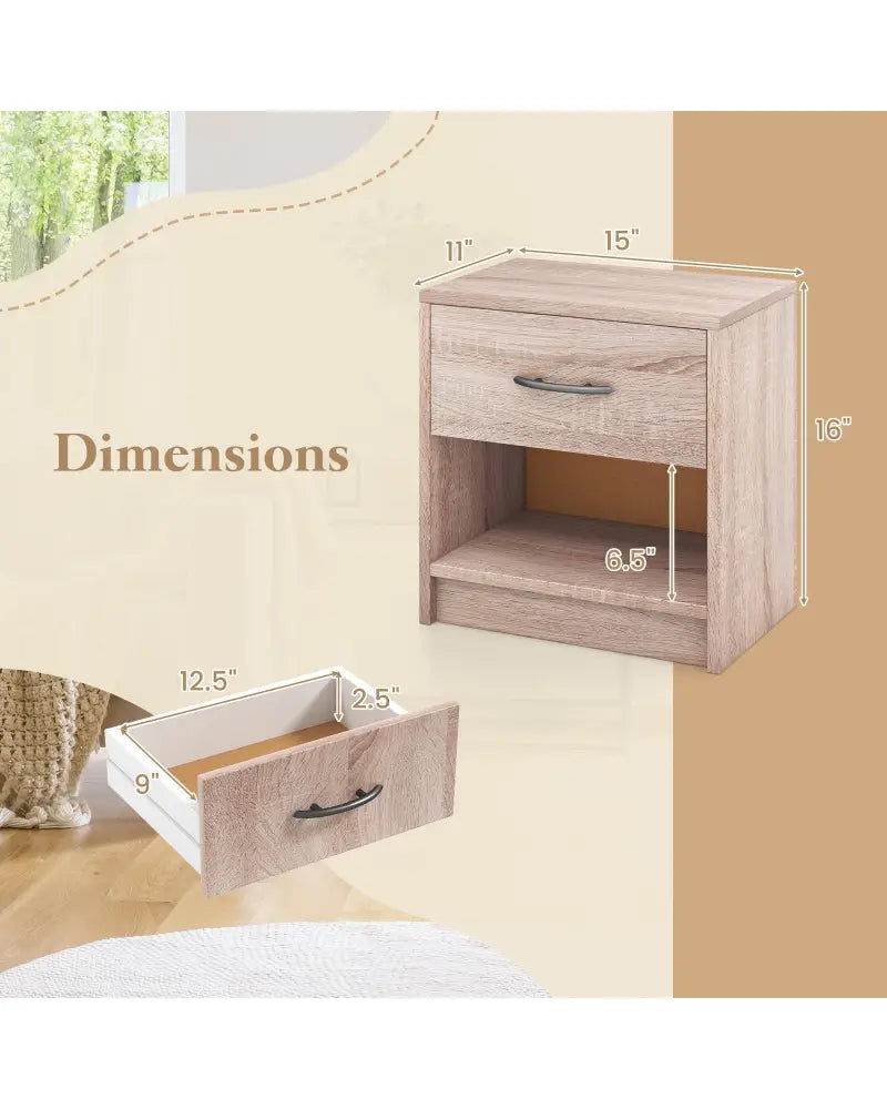 Bedside Table Nightstand with Drawer and Open Storage Shelf-Natural - Natural - Nightstands