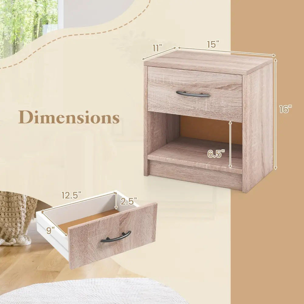 Bedside Table Nightstand with Drawer and Open Storage Shelf-Natural - Natural - Nightstands