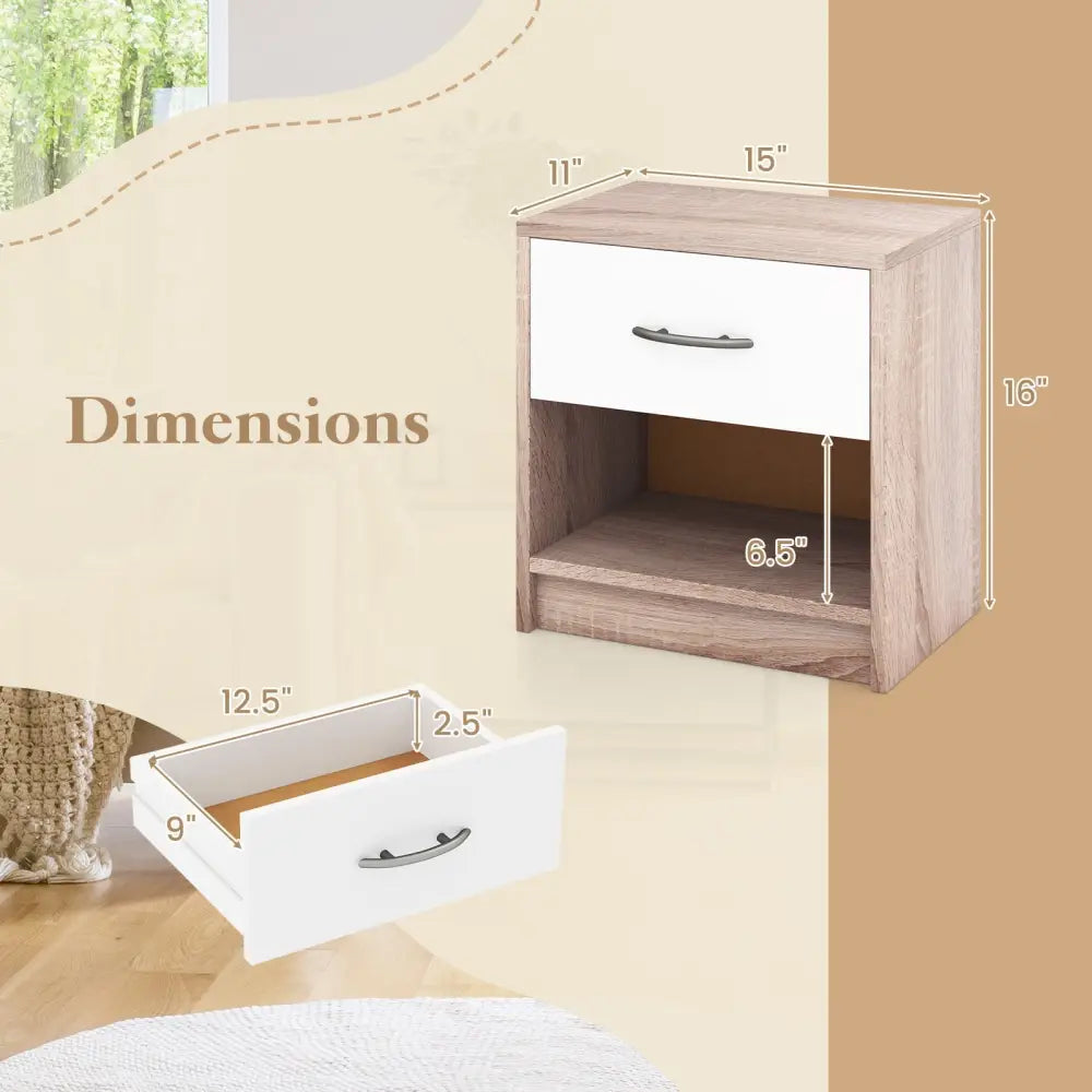 Bedside Table Nightstand with Drawer and Open Storage Shelf-Natural & White - Nightstands
