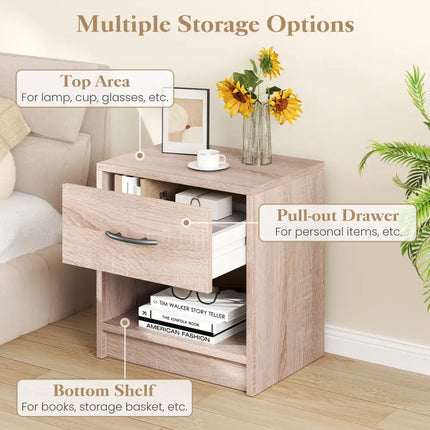 Bedside Table Nightstand with Drawer and Open Storage Shelf-Natural - Natural - Nightstands
