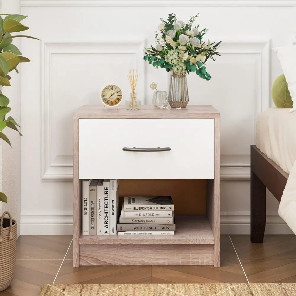 Bedside Table Nightstand with Drawer and Open Storage Shelf-Natural & White - Nightstands
