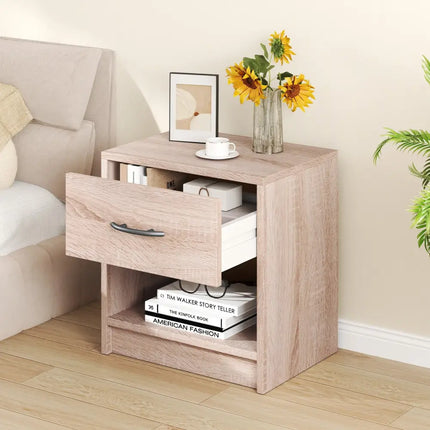 Bedside Table Nightstand with Drawer and Open Storage Shelf-Natural - Natural - Nightstands