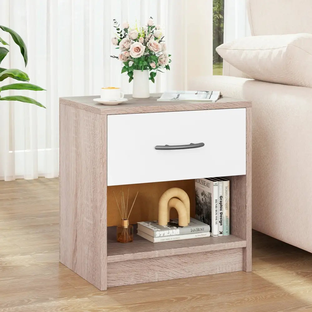 Bedside Table Nightstand with Drawer and Open Storage Shelf-Natural & White - Nightstands