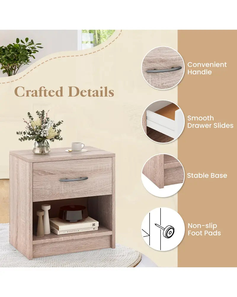 Bedside Table Nightstand with Drawer and Open Storage Shelf-Natural - Natural - Nightstands