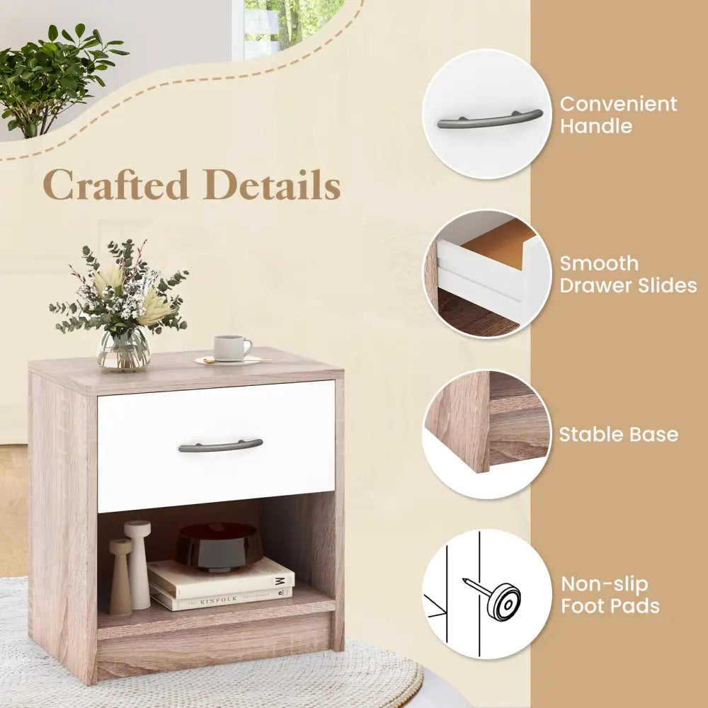 Bedside Table Nightstand with Drawer and Open Storage Shelf-Natural & White - Nightstands