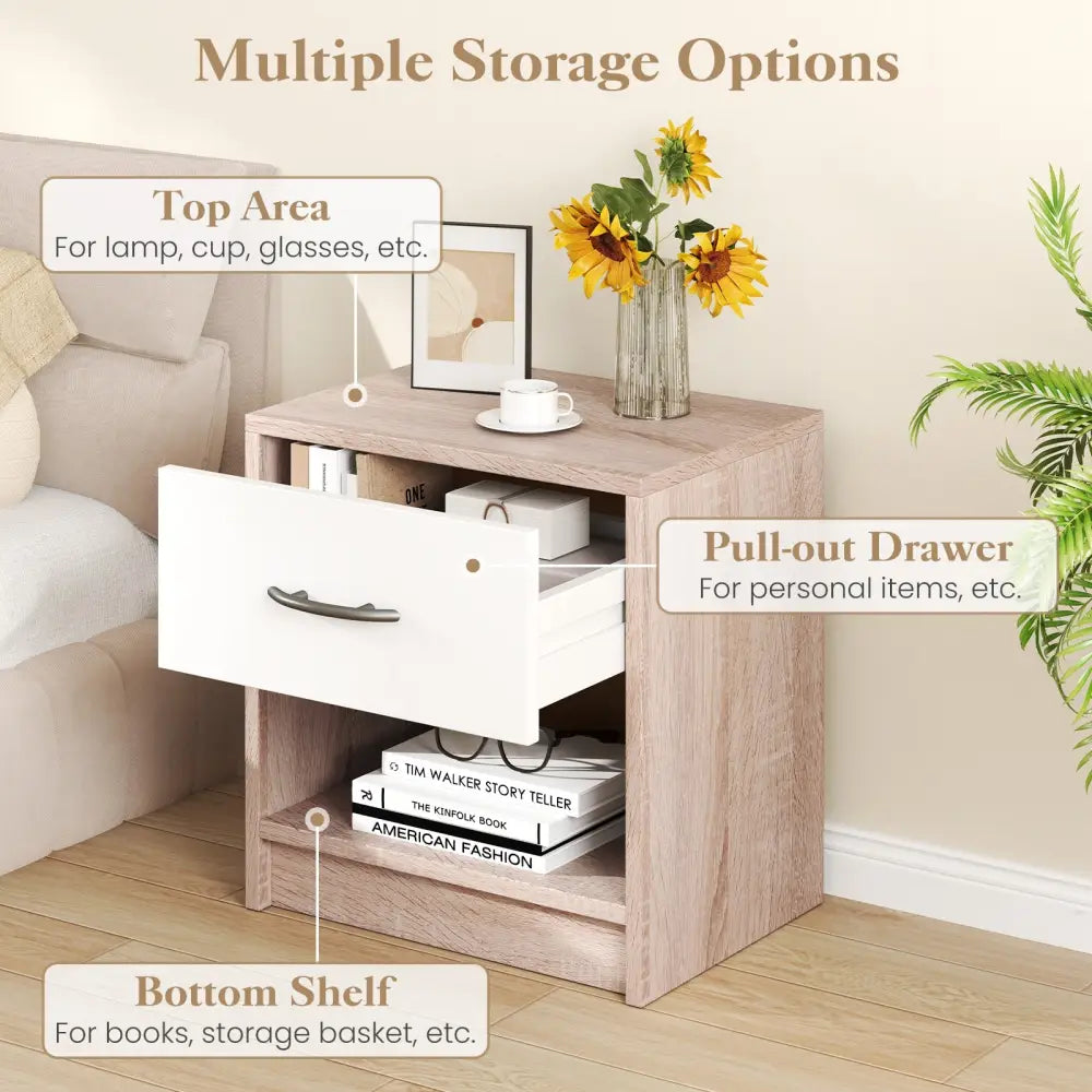 Bedside Table Nightstand with Drawer and Open Storage Shelf-Natural & White - Nightstands