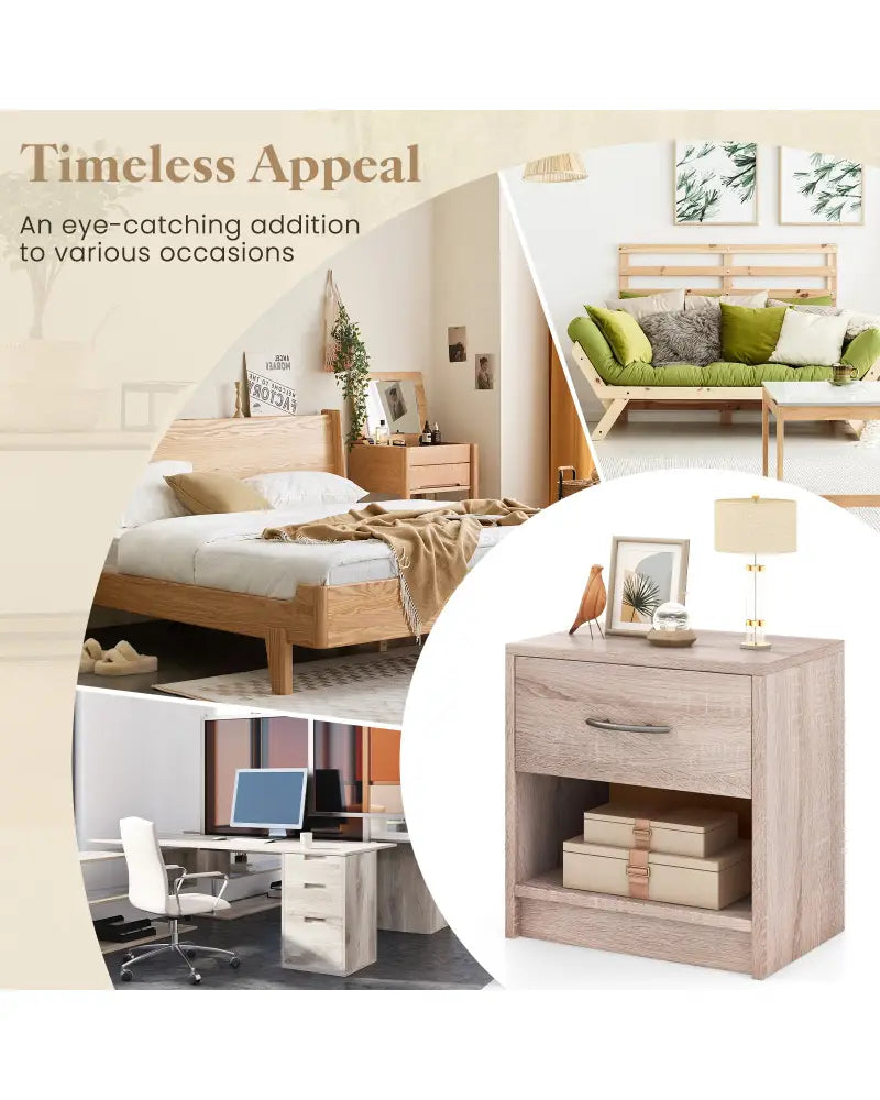 Bedside Table Nightstand with Drawer and Open Storage Shelf-Natural - Natural - Nightstands