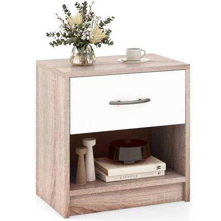 Bedside Table Nightstand with Drawer and Open Storage Shelf-Natural & White - Nightstands