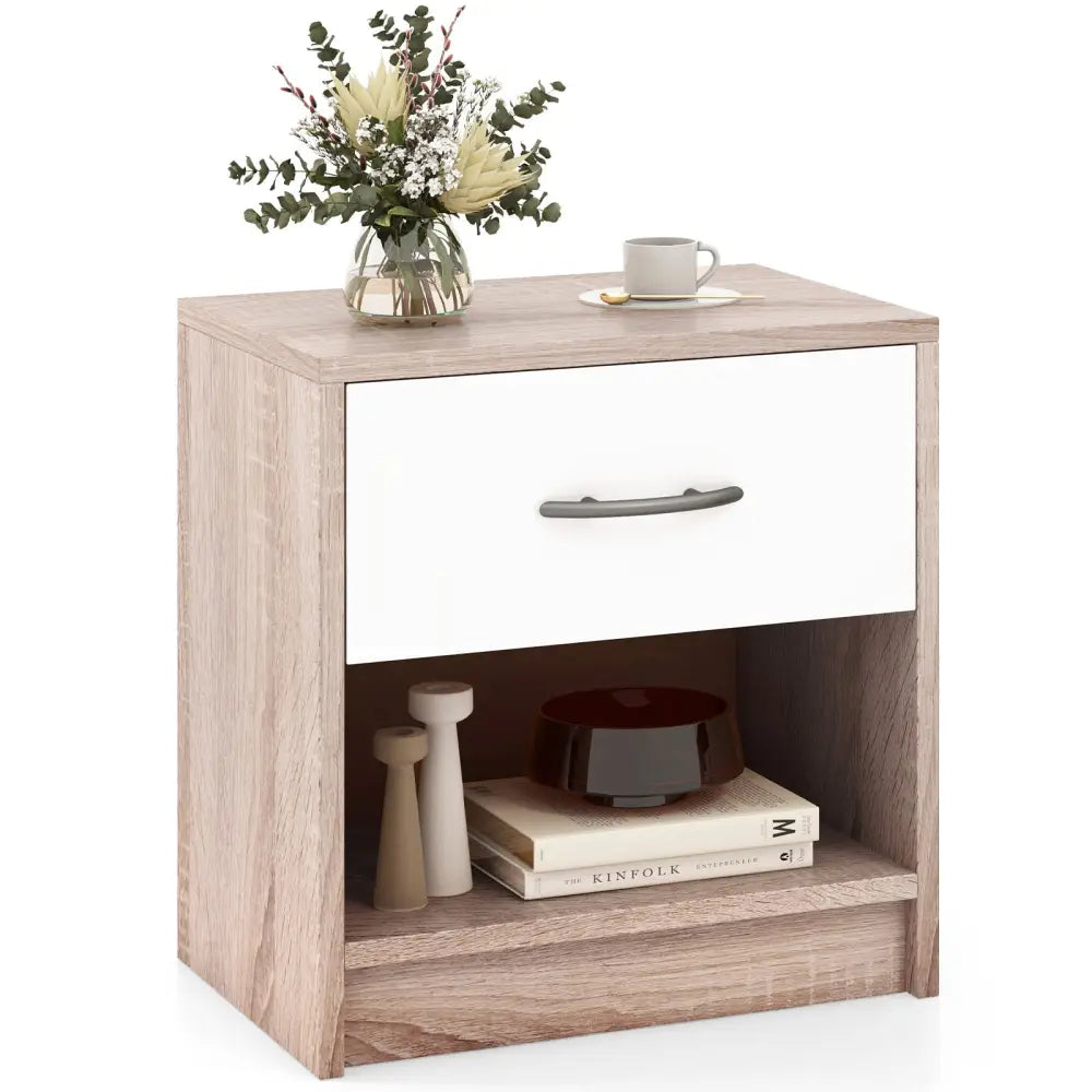 Bedside Table Nightstand with Drawer and Open Storage Shelf-Natural & White - Nightstands