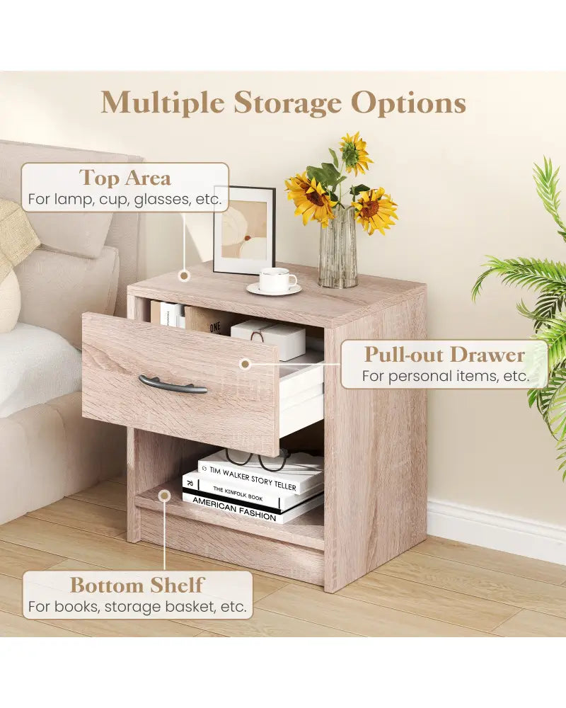 Bedside Table Nightstand with Drawer and Open Storage Shelf-Natural - Natural - Nightstands