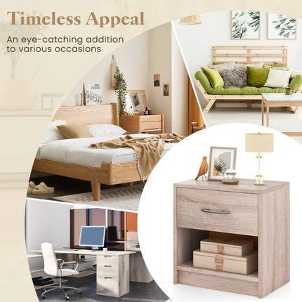 Bedside Table Nightstand with Drawer and Open Storage Shelf-Natural - Natural - Nightstands