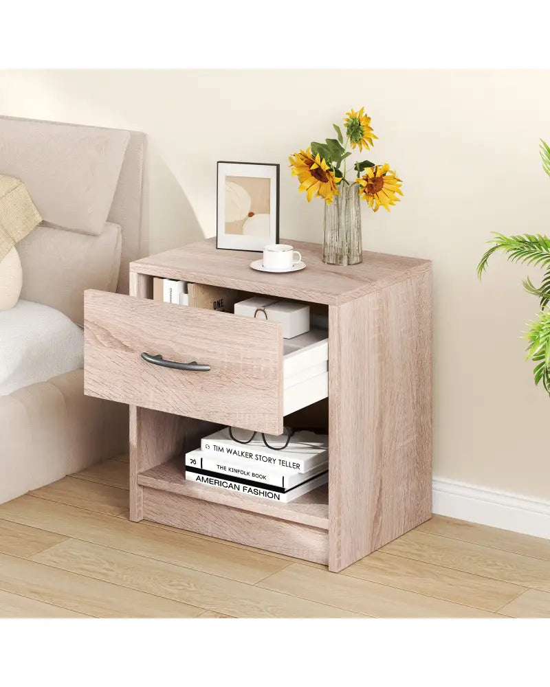 Bedside Table Nightstand with Drawer and Open Storage Shelf-Natural - Natural - Nightstands