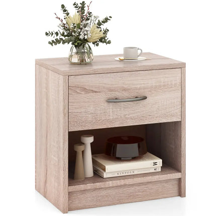 Bedside Table Nightstand with Drawer and Open Storage Shelf-Natural - Natural - Nightstands