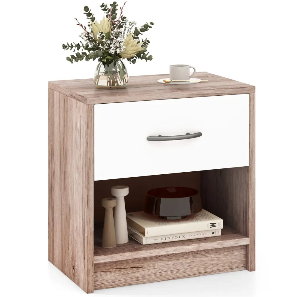 Bedside Table Nightstand with Drawer and Open Storage Shelf-Oak - Oak - Nightstands